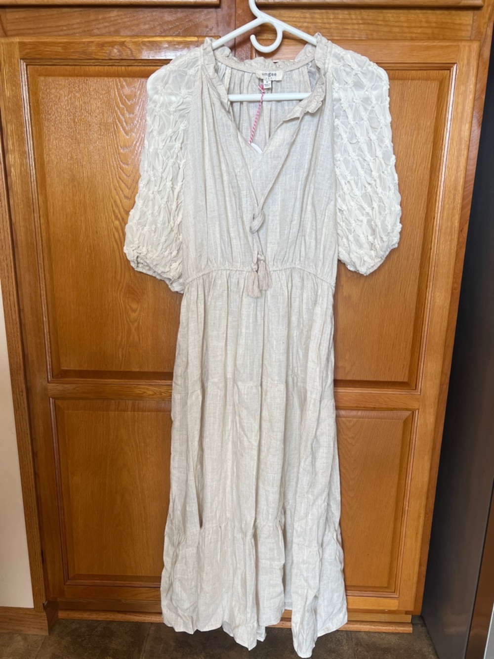 Umgee Cream Linen-Texture Boho Dress with Tie Neck